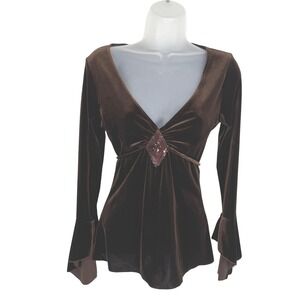 Vintage Y2K Velvet Deep V Neck Flare Sleeve Sequin Empire Waist Top Small Brown